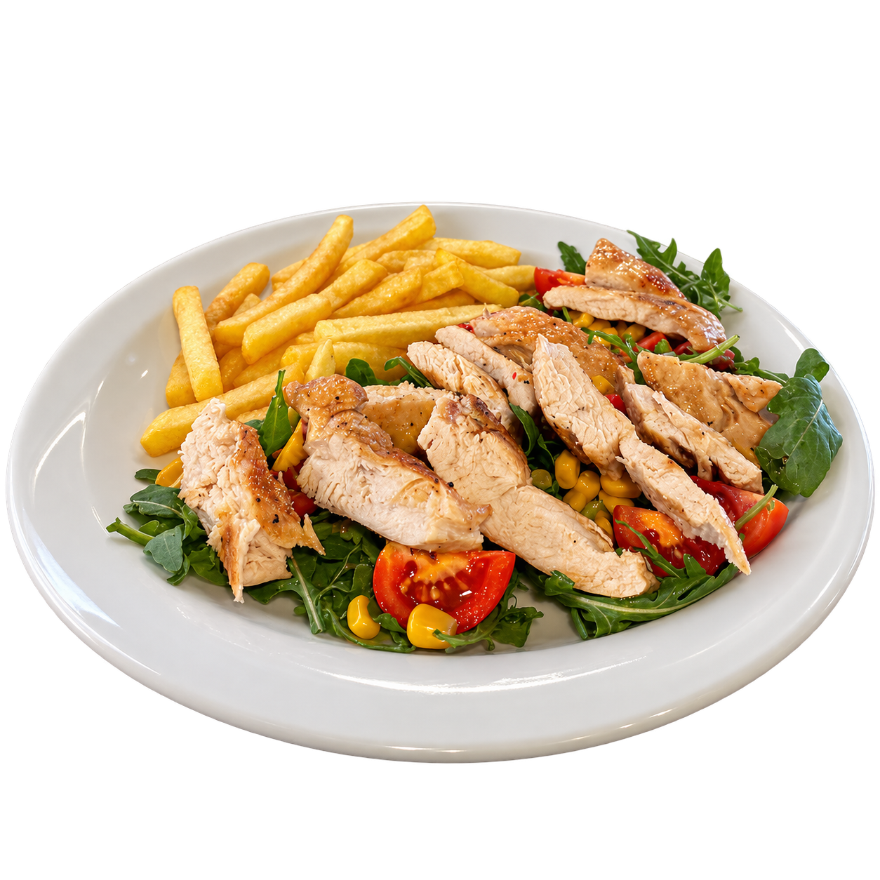 Chicken Tagliata con insalata fresca e patate fritte